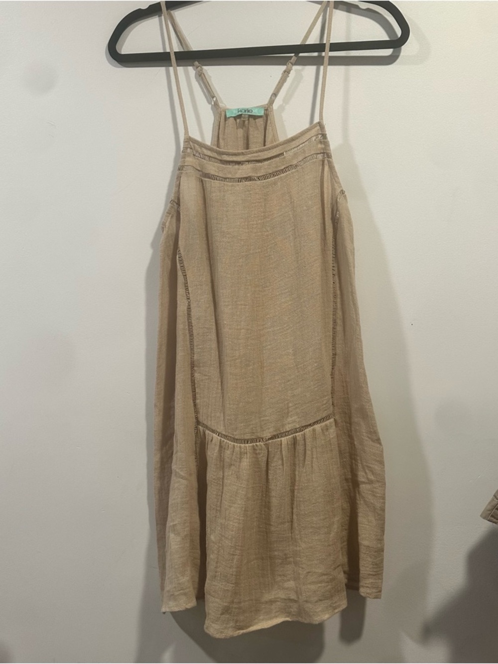 Karlie Light Beige Linen-Blend Spaghetti Strap Mini Dress large slip dress